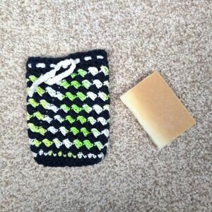 Handmade Crochet Soap Saver Bag Pouch Holder with Drawstring Navy Green White
